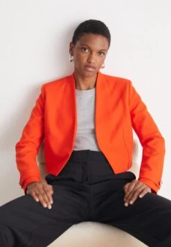 Boss Slim-Fit Cropped Jacket With Collarless Styling - Blazer - Bright Orange