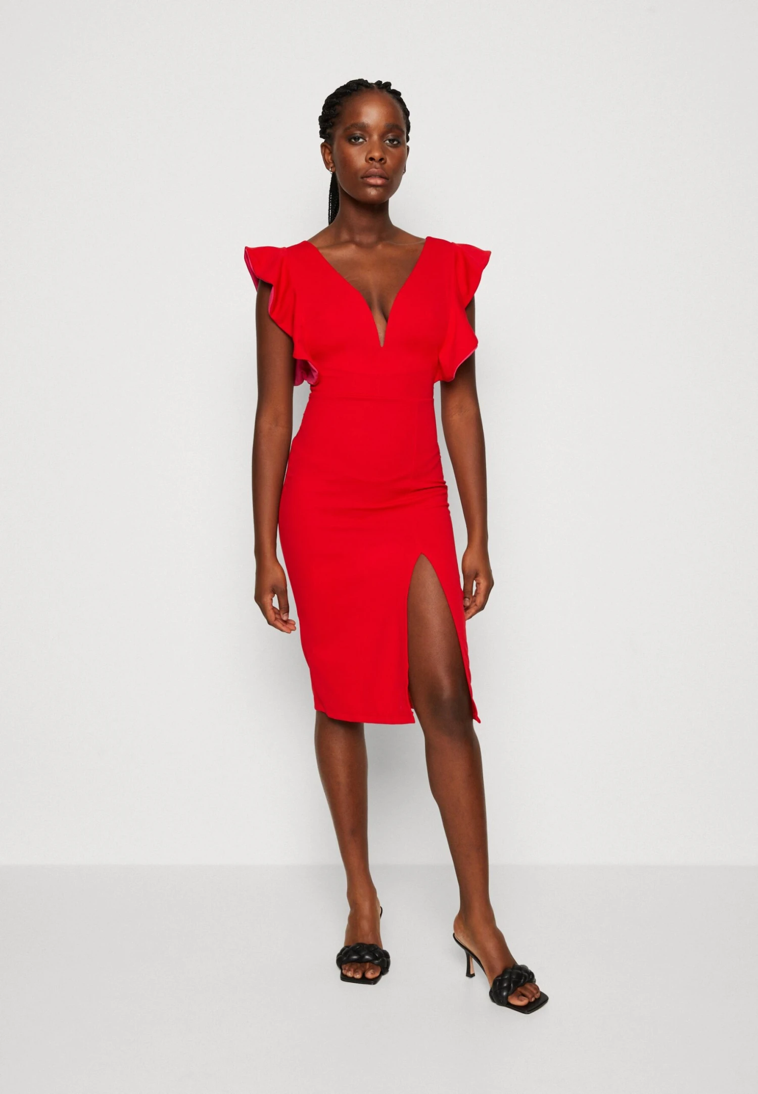 Wal G V Neck Ruffle Sleeve Midi Dress - Jerseyjurk - Red/Fushia